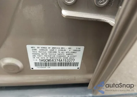 2004 Honda Accord 2.4 Lx из США, поврежденный, VIN 1HGCM56374A153377